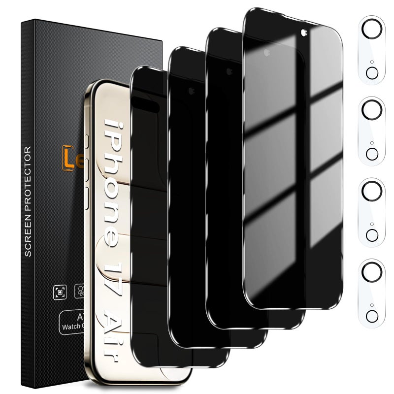 Lesakit 4 Pack Privacy Screen Protector for iPhone 17 Air 6.5-Inch with 4 Pack Camera Lens Protector, Anti Spy Tempered Glass Film 9H Hardness Bubble Free Case Friendly - Image 1