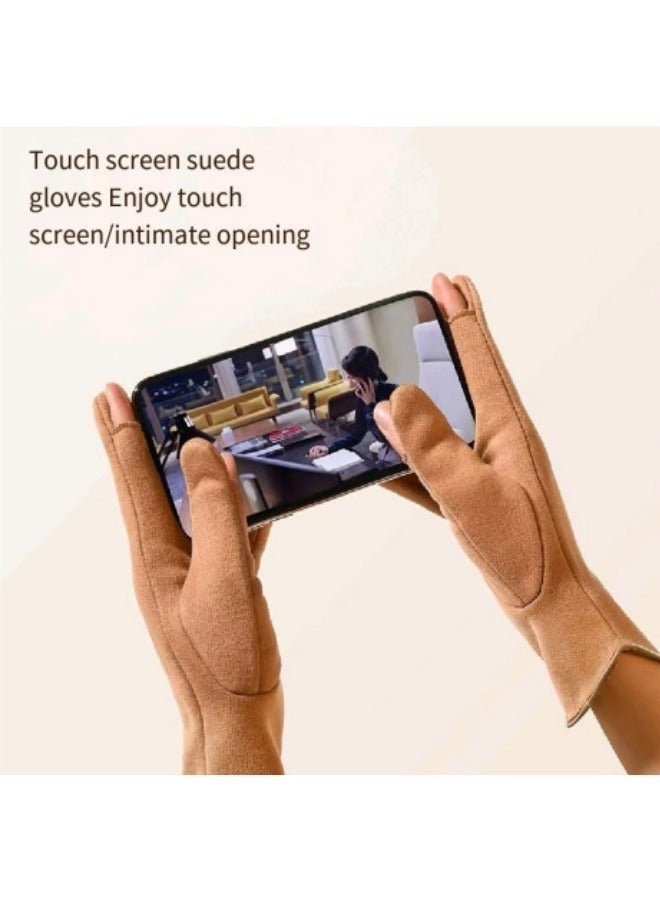 Winter Plus Velvet Thick Gloves Cycling Gloves Touch Screen Warm Split Finger Gloves Brown - Image 4