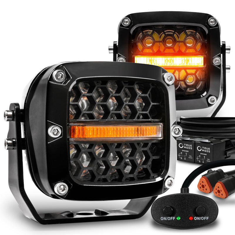 ONLINE LED STORE TRUE MODS 3 inch LED Pod Lights with DRL; Offroad Driving Ditch Light Cube Pair Set [Amber Turn Signal] Off-Road Fog Lights for UTV ATV Jeep Wrangler SxS 4x4 Truck Pick-Up Auto Car Vehicle - Black