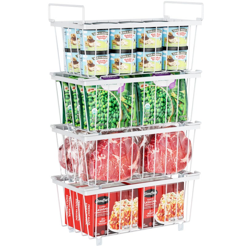 iSPECLE Freezer Organizer Bins, 4 Pack Deep Freezer Baskets for 5 to 7 Cu.Ft, Stackable Wire Chest Freezer Organizer Bins for Small Food, Strong Metal with Handles for Meat and Veggies, White - Image 1