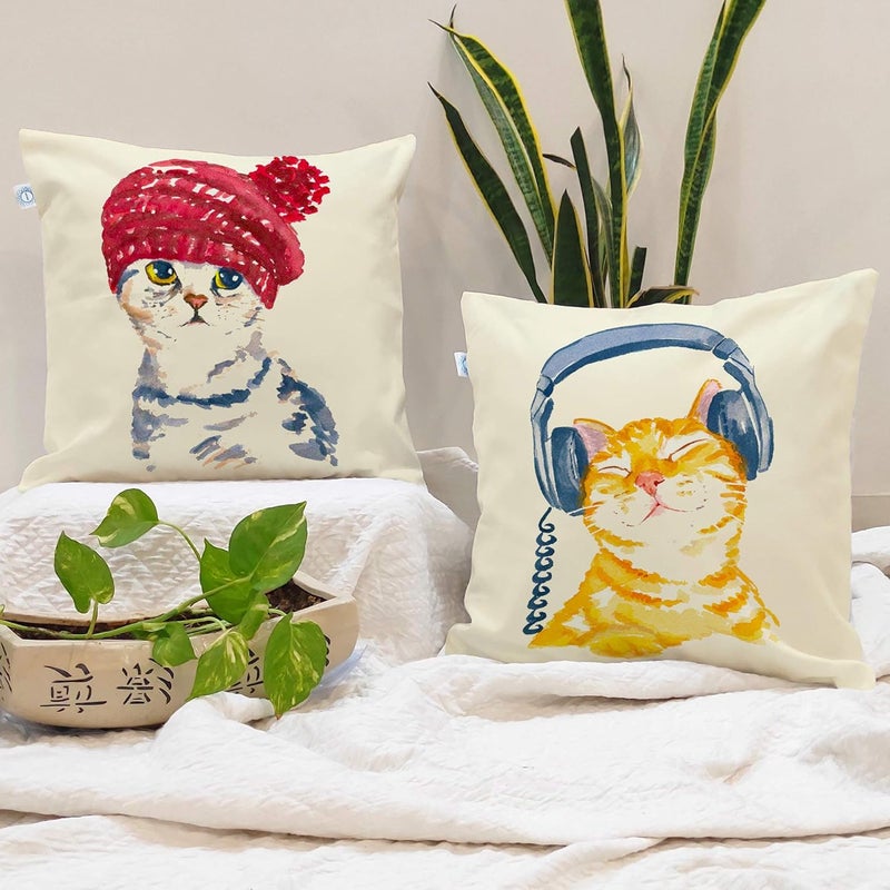 STITCHNEST Set of 2 Jute Cushion Covers – 16x16 Inches – Cute Cat Illustrations with Headphones & Beanie – Fun Animal Print Cushion Covers for Sofa, Kids Room & Cat Lovers - Image 1