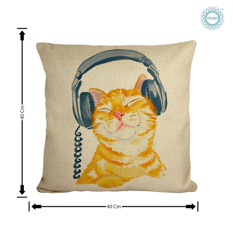 STITCHNEST Set of 2 Jute Cushion Covers – 16x16 Inches – Cute Cat Illustrations with Headphones & Beanie – Fun Animal Print Cushion Covers for Sofa, Kids Room & Cat Lovers - Image 3