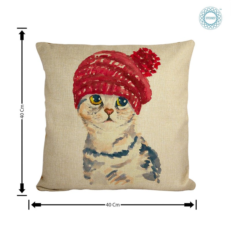 STITCHNEST Set of 2 Jute Cushion Covers – 16x16 Inches – Cute Cat Illustrations with Headphones & Beanie – Fun Animal Print Cushion Covers for Sofa, Kids Room & Cat Lovers - Image 2