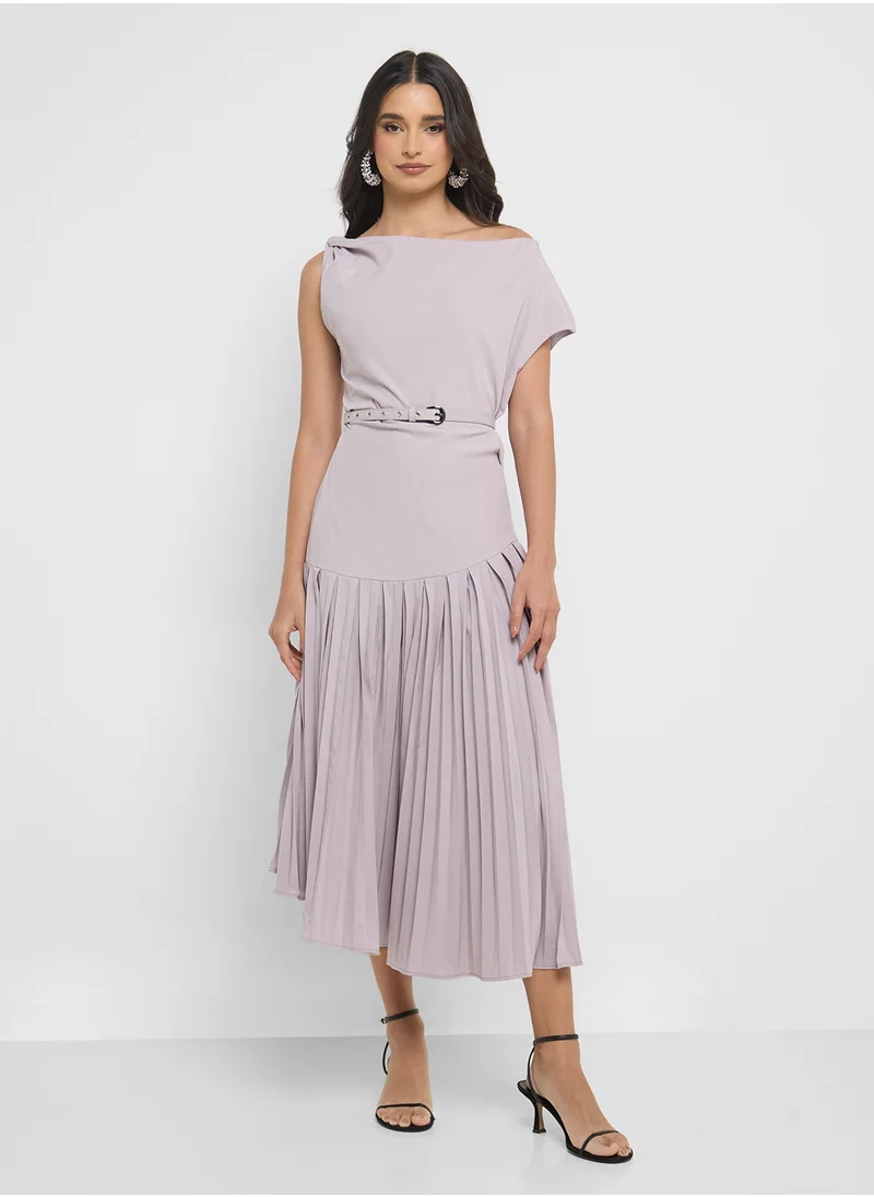 ايلا Pleated Dress With Asymmertic Neck