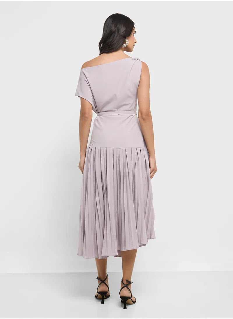 ايلا Pleated Dress With Asymmertic Neck