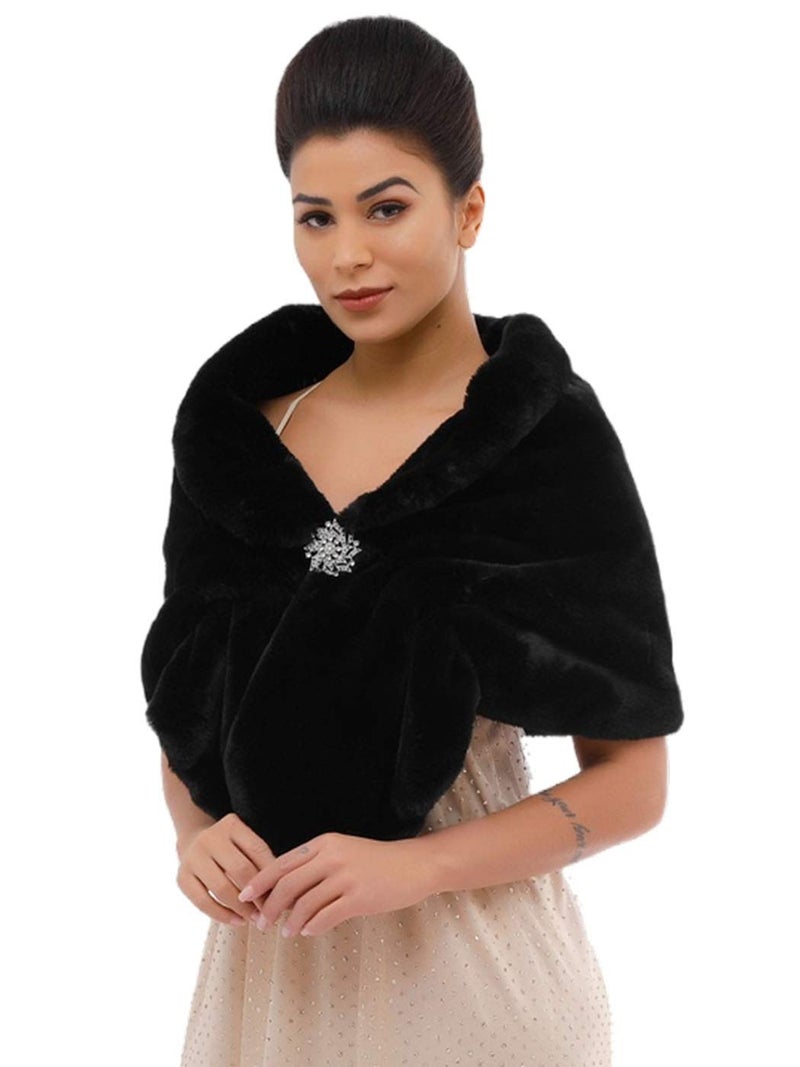 GORAIS Women's Wedding Faux Fur Shawls and Wraps Bridal Fur Scarf Stoles with Brooch for Bride and Bridesmaids (US 4-14(S-M), C Black) - Image 1