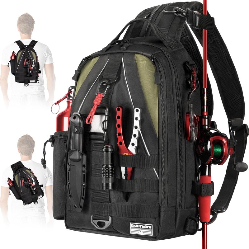 Ghosthorn Fishing Backpack Tackle Sling Bag-Backpack with Rod Holder- Lightweight Tackle Box Fly Fishing Gifts for Men Women (B.Black) - Image 1