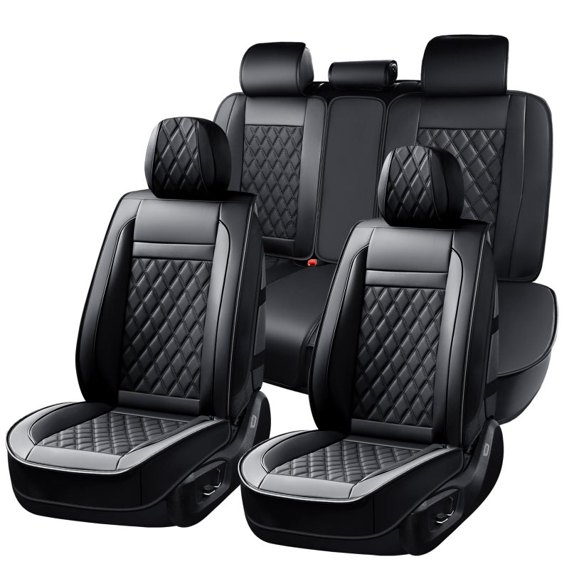 Huidasource Seat Covers Full Set, 5 Layers Full-Cover Leather Seat Cover Hollow Design Airbag Pops, Front ï¼† Back Seat, Seat Covers for Most Cars, Vans, Trucks, SUVs Universal Fit (Full Set/Black) - Image 1