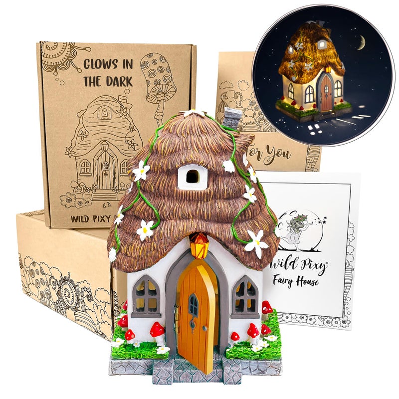 WILD PIXY WILD PIXY Fairy Garden House  Glow in The Dark Fairy Cottage with Opening Door and Solar LED Light Beautiful Miniature Garden Decoration for Indoor or Outdoor Fairy Gardens  71 Fairy House