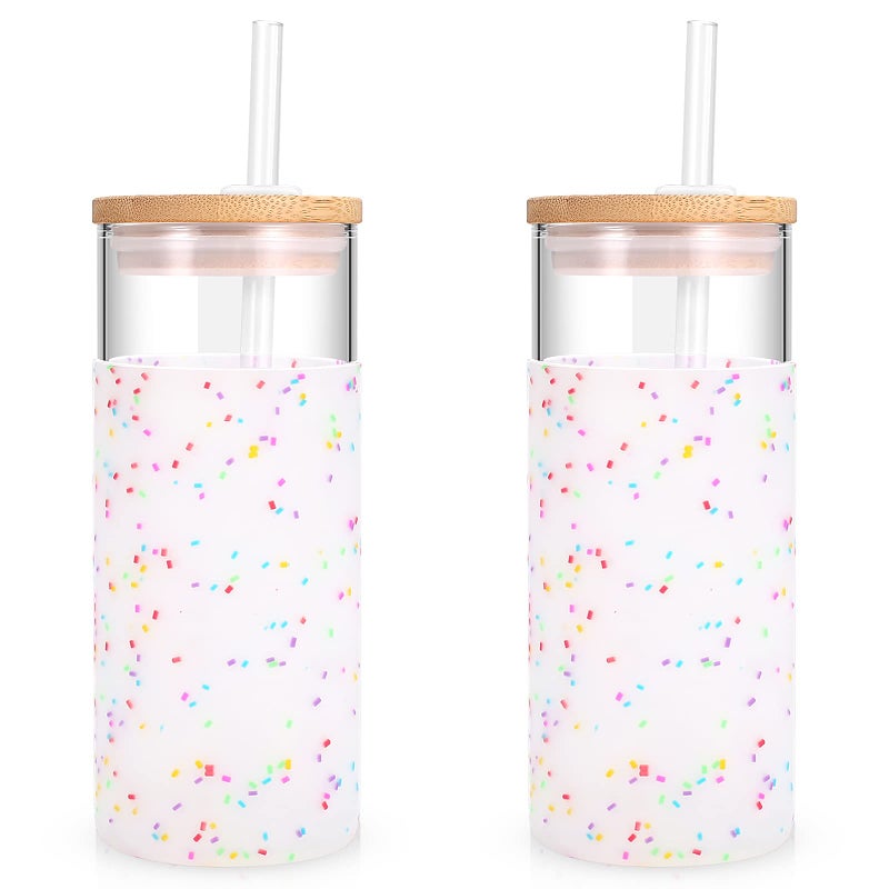 Tronco 20 oz Glass Tumbler with Lid and Straw Iced Coffee Cup and Smoothie Cup with Bamboo Lids  Protective Silicone Sleeve Dishwasher Safe BPAFree Glass Cup 2 Pack