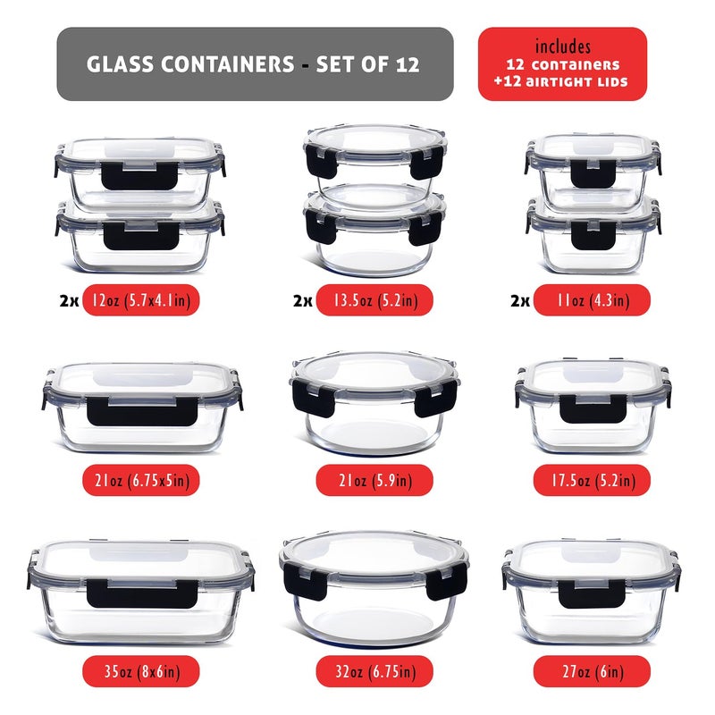 EATEX 24pc Glass Storage Containers with Lids, 12 Set Glass Food Storage Containers with 12 Airtight Lids, Pantry Kitchen Meal Prep Containers for Lunch, Freezer Storage Containers, Oven Safe - Image 3