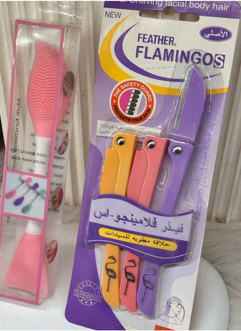 ماركة غير محددة مجموعة العناية بالوجه من Feather، ماكينة حلاقة نسائية مكونة من 3 قطع لشعر الوجه والجسم، أصفر/وردي/أرجواني + فرشاة متعددة الوظائف لتحريك الوجه، فرشاة قناع ناعمة من السيليكون، أدوات تجميل، فرشاة تنظيف الوجه، أدوات قناع الوجه، فرشاة قناع الوجه من السيليكون برأس مزدوج، لون عشوائي s4  - Image 1