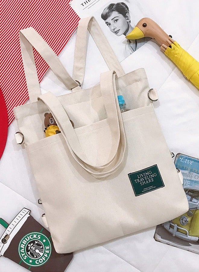 جوي شيك حقيبة كتف قماشية كاجوال متعددة الوظائف ذات سعة كبيرة للطلاب الجامعيين حقيبة ظهر خفيفة الوزن قابلة للطي باللون البيج - Image 2