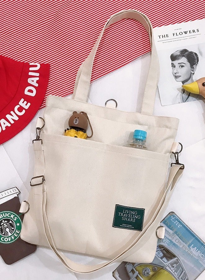 جوي شيك حقيبة كتف قماشية كاجوال متعددة الوظائف ذات سعة كبيرة للطلاب الجامعيين حقيبة ظهر خفيفة الوزن قابلة للطي باللون البيج - Image 1