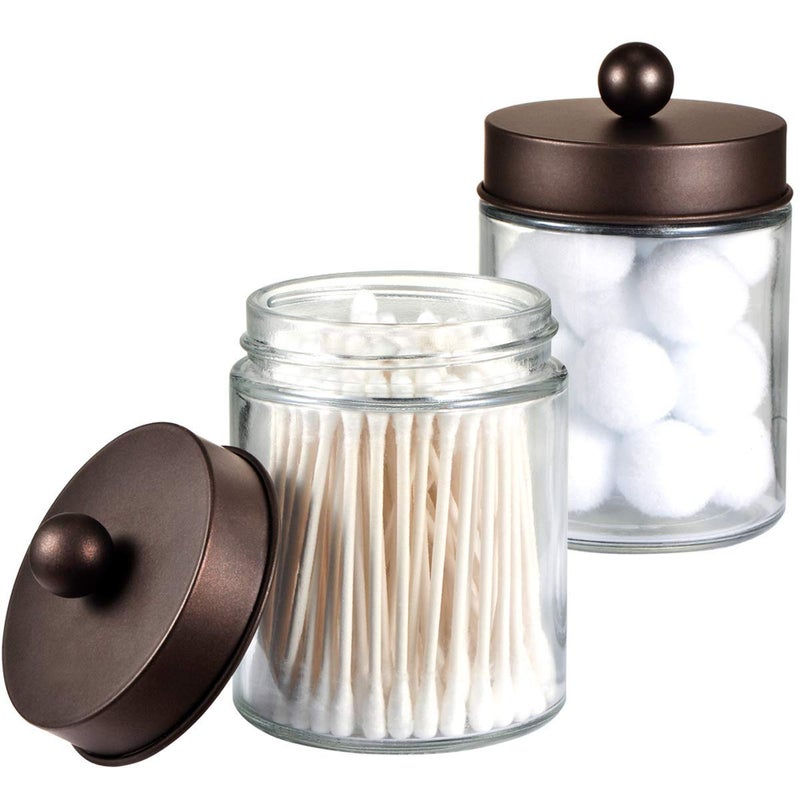 Amolliar Apothecary Jars Bathroom Storage Organizer  Cute Qtip Dispenser Holder Vanity Canister Jar Glass with Lid for Cotton SwabsRoundsBath SaltsMakeup SpongesHair AccessoriesBronze 2 Pack