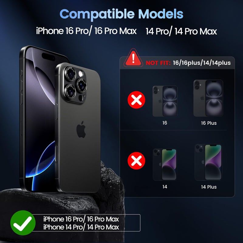 CACOE Camera Lens Protector for iPhone 14 Pro/14 Pro Max/16 Pro/16 Pro Max - Metal Frame Tempered Glass Cover, [Anti-Scratch] [Drop-Proof][Strong-Adhesion] Camera Screen Cover(Black) - Image 2
