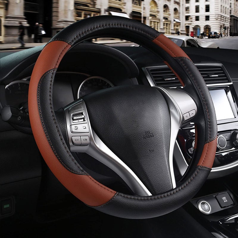 szttswamp Leather Car Steering Wheel Cover, Non-Slip Car Wheel Cover Protector Breathable Microfiber Leather Universal Fit for Most Cars(Brown) - Image 1