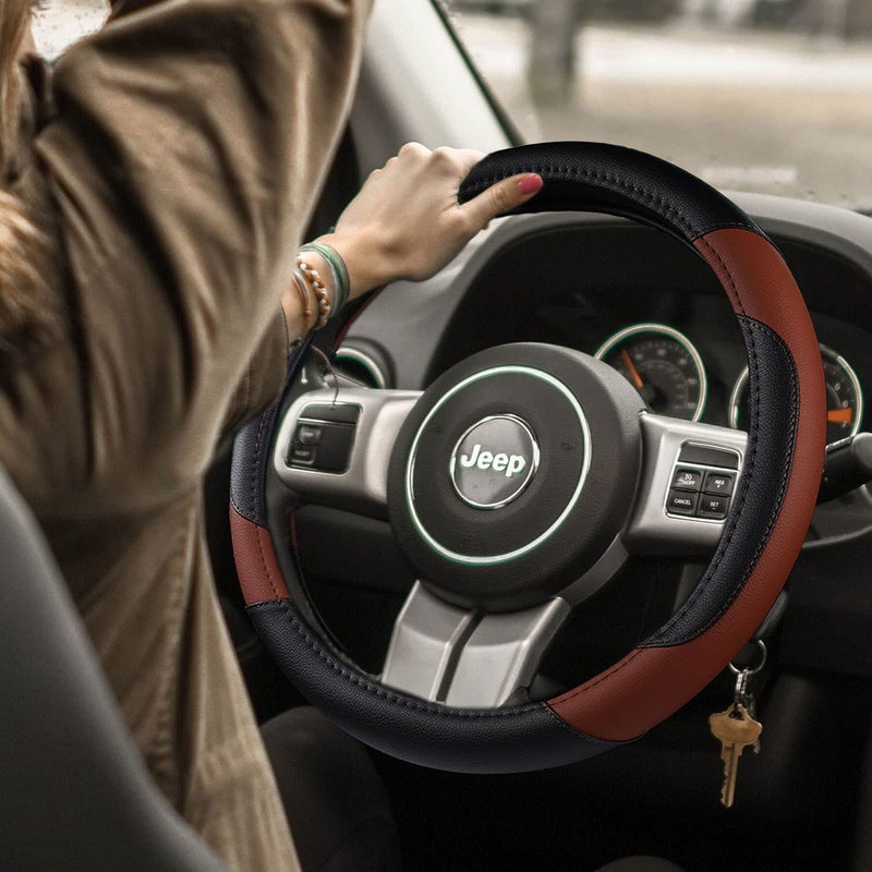 szttswamp Leather Car Steering Wheel Cover, Non-Slip Car Wheel Cover Protector Breathable Microfiber Leather Universal Fit for Most Cars(Brown) - Image 2