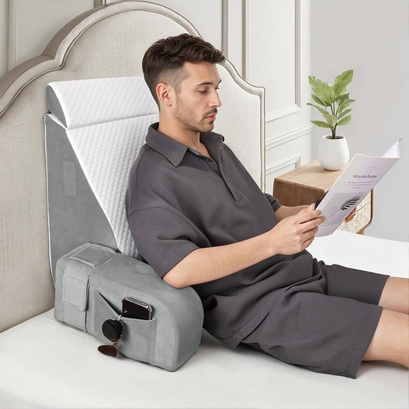 BEYOUDO Reading Pillow for Sitting in Bed Adult, Back Pillow for Bed Sitting up, Reading & Bed Rest Pillows for Watching (White/Gray) - Image 1