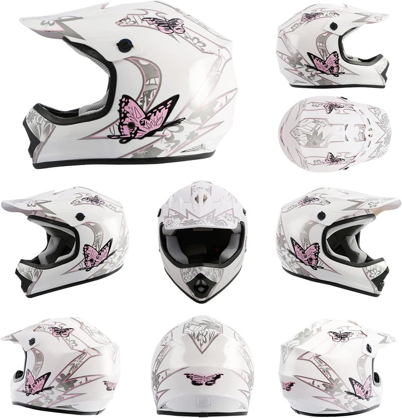 TCMT Youth & Kids Motorcycle Off-Road Full Face Helmet with Goggles and Gloves - Pink Butterfly Design - Image 3