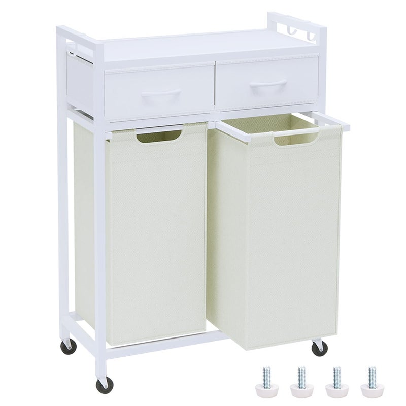 Timberer Laundry Hamper, Laundry Sorter 2 Section, Rolling Laundry Basket with Wheels, 2 Drawers, 2 Ã— 14.5 Gal (55 L), Pull-Out and Removable Oxford Fabric Bags, White and Beige - Image 1
