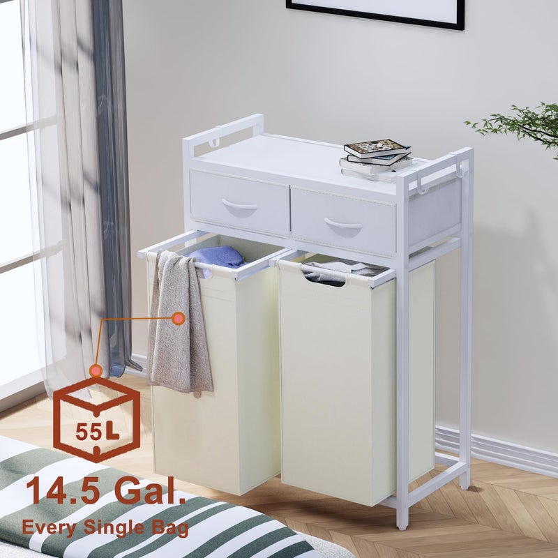 Timberer Laundry Hamper, Laundry Sorter 2 Section, Rolling Laundry Basket with Wheels, 2 Drawers, 2 Ã— 14.5 Gal (55 L), Pull-Out and Removable Oxford Fabric Bags, White and Beige - Image 2