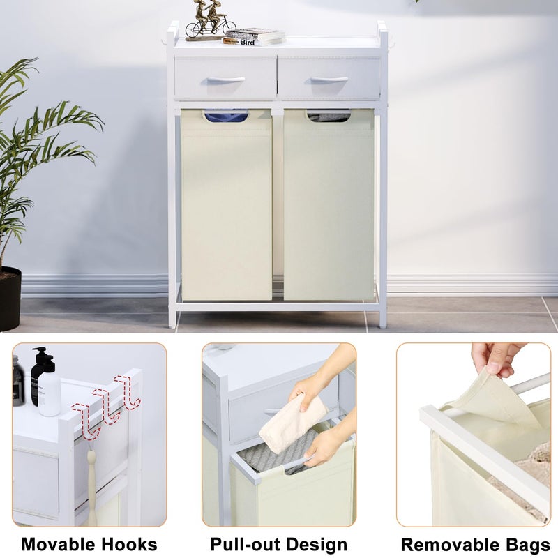 Timberer Laundry Hamper, Laundry Sorter 2 Section, Rolling Laundry Basket with Wheels, 2 Drawers, 2 Ã— 14.5 Gal (55 L), Pull-Out and Removable Oxford Fabric Bags, White and Beige - Image 4