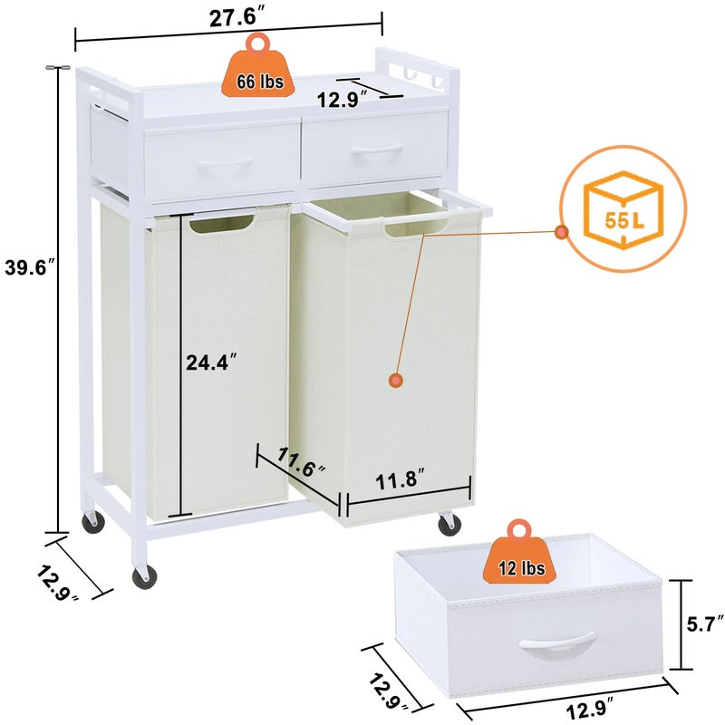 Timberer Laundry Hamper, Laundry Sorter 2 Section, Rolling Laundry Basket with Wheels, 2 Drawers, 2 Ã— 14.5 Gal (55 L), Pull-Out and Removable Oxford Fabric Bags, White and Beige - Image 5