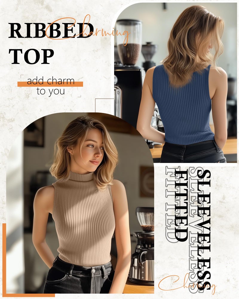 Xaatren 3 Pack Women's Sleeveless Mock Turtlenecks Shirts, Ribbed Stretch Slim Fitted Tank Top Basic Lightweight Bustier Tee(Khaki, Indigo, Cream,Medium) - Image 4