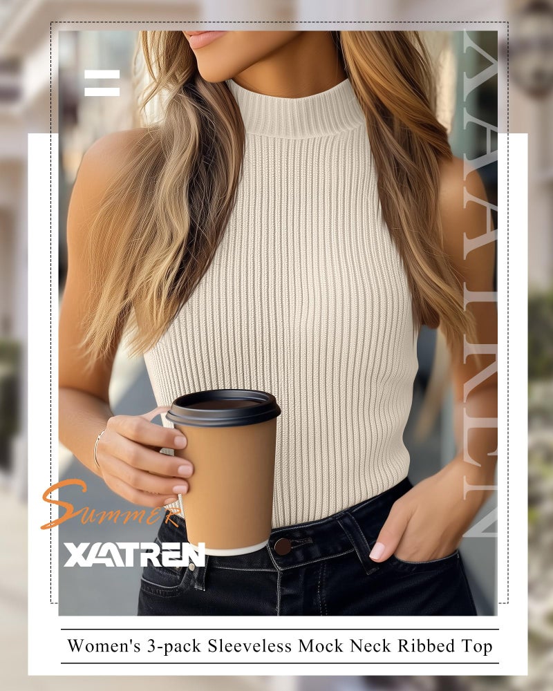 Xaatren 3 Pack Women's Sleeveless Mock Turtlenecks Shirts, Ribbed Stretch Slim Fitted Tank Top Basic Lightweight Bustier Tee(Khaki, Indigo, Cream,Medium) - Image 3