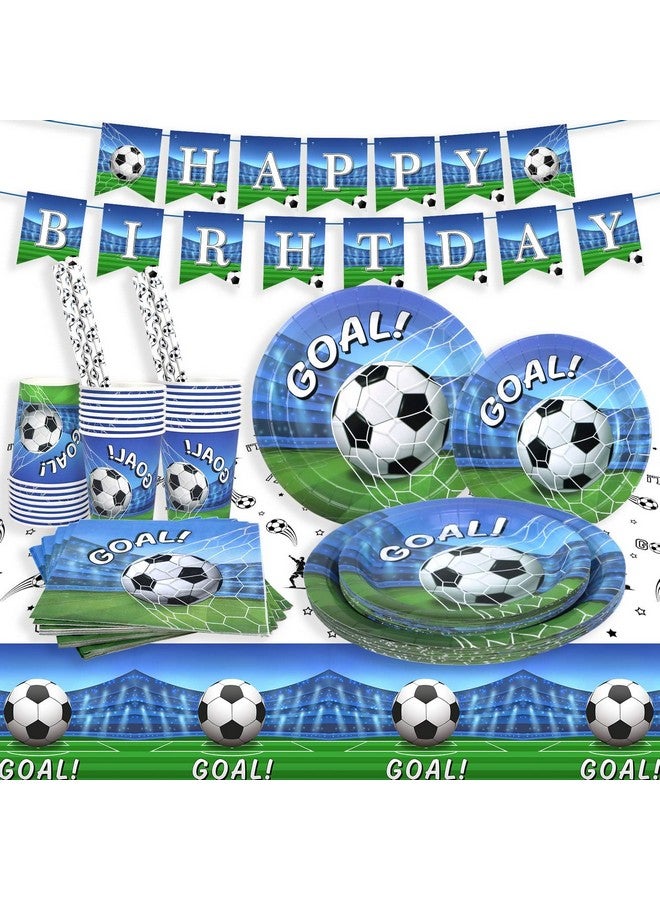Heboland Soccer Birthday Party Decorations Tableware Set 25 Guests,127 Pieces Soccer Theme Paper Plates Napkins Straws Cup Tablecloth and Banner Boys Birthday Party Supplies  - Image 1