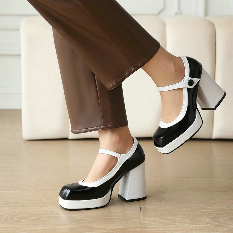 Women'S Shoes Mary Jane Women'S Shoes Patent Leather Colorblock Square Thick Sole Thick Heel Super High Heel Buckle High Heels - Image 4