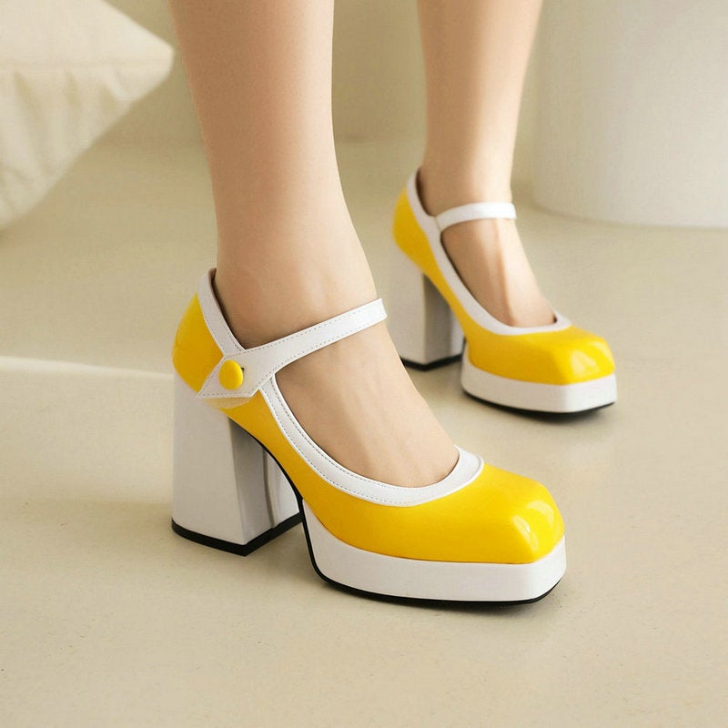 Women'S Shoes Mary Jane Women'S Shoes Patent Leather Colorblock Square Thick Sole Thick Heel Super High Heel Buckle High Heels - Image 2
