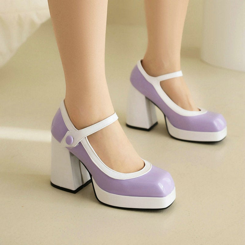 Women'S Shoes Mary Jane Women'S Shoes Patent Leather Colorblock Square Thick Sole Thick Heel Super High Heel Buckle High Heels - Image 3