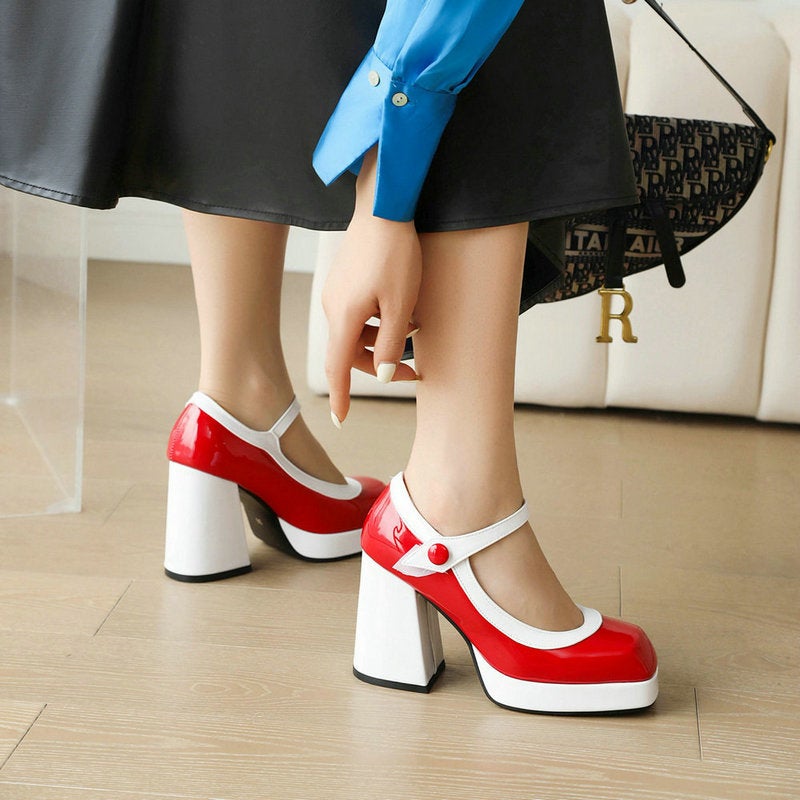 Women'S Shoes Mary Jane Women'S Shoes Patent Leather Colorblock Square Thick Sole Thick Heel Super High Heel Buckle High Heels - Image 5
