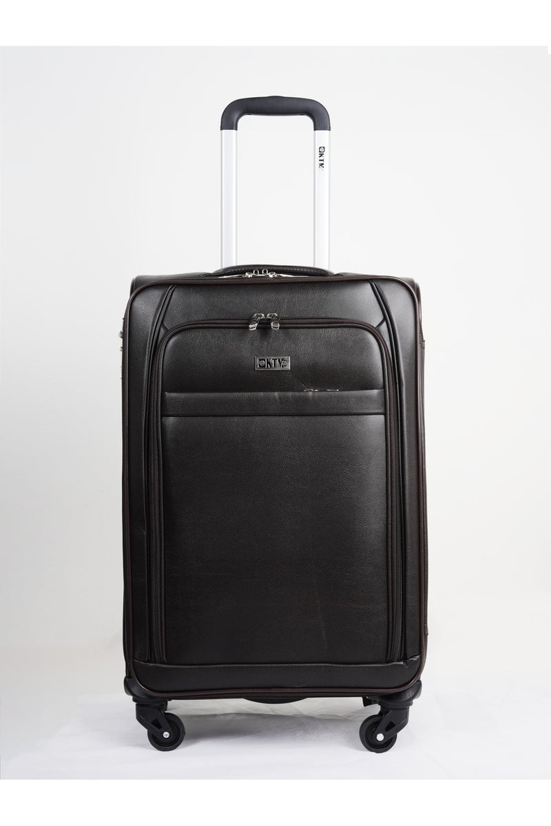 Small Leather Luggage Lightweight Trolley Bag with 4 Spinner Wheels and Built in Combination Lock 22 inch Dark Brown