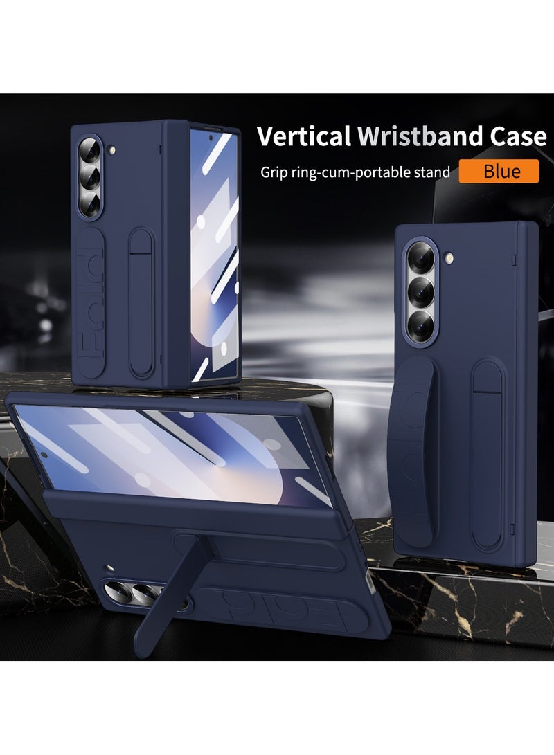 Samsung Galaxy ZFold 6 Stand Case with Hand Strap and Hinge Protection Screen Protector, Raised Edge Cover for ZFold 6（Blue） - Image 1
