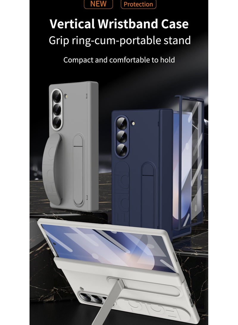 Samsung Galaxy ZFold 6 Stand Case with Hand Strap and Hinge Protection Screen Protector, Raised Edge Cover for ZFold 6（Blue） - Image 4