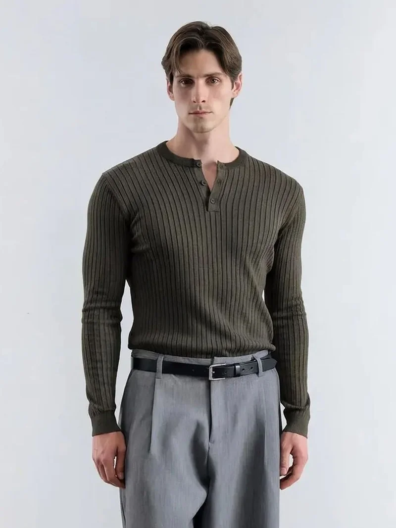 Giesto GIESTO Slim Fit Button Collar Long Sleeve T-Shirt