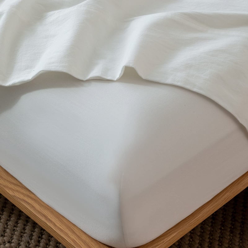 MooMee Fitted Bottom Sheet Only 100% Washed Cotton Linen Like Textured Breathable Durable Soft Comfy Deep Pocket Fits Mattress up to 17"" (Off White  Queen) - Image 1