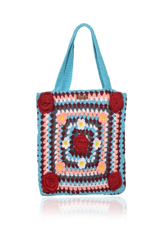 SUTRA Handmade Wool Crochet Blue Handle Rose Tote Bag | Boho Shoulder Purse | Eco-Friendly Reusable Tote Bag | Summer Beach Handbag for Women Girls - Image 1