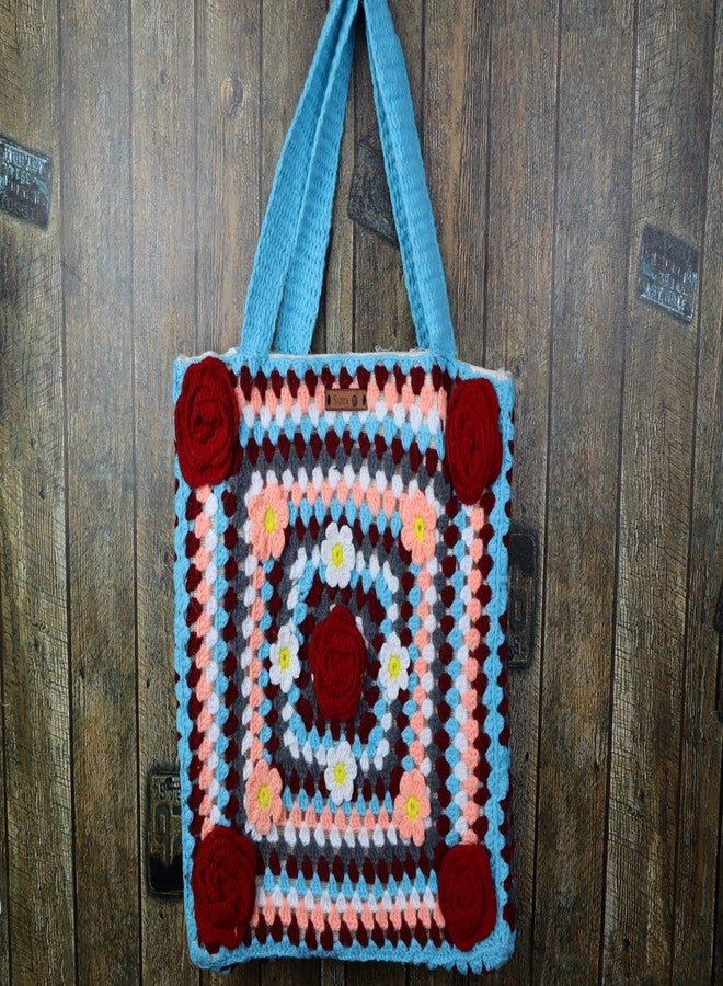 SUTRA Handmade Wool Crochet Blue Handle Rose Tote Bag | Boho Shoulder Purse | Eco-Friendly Reusable Tote Bag | Summer Beach Handbag for Women Girls - Image 3