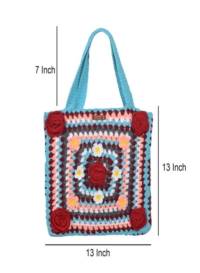 SUTRA Handmade Wool Crochet Blue Handle Rose Tote Bag | Boho Shoulder Purse | Eco-Friendly Reusable Tote Bag | Summer Beach Handbag for Women Girls - Image 2