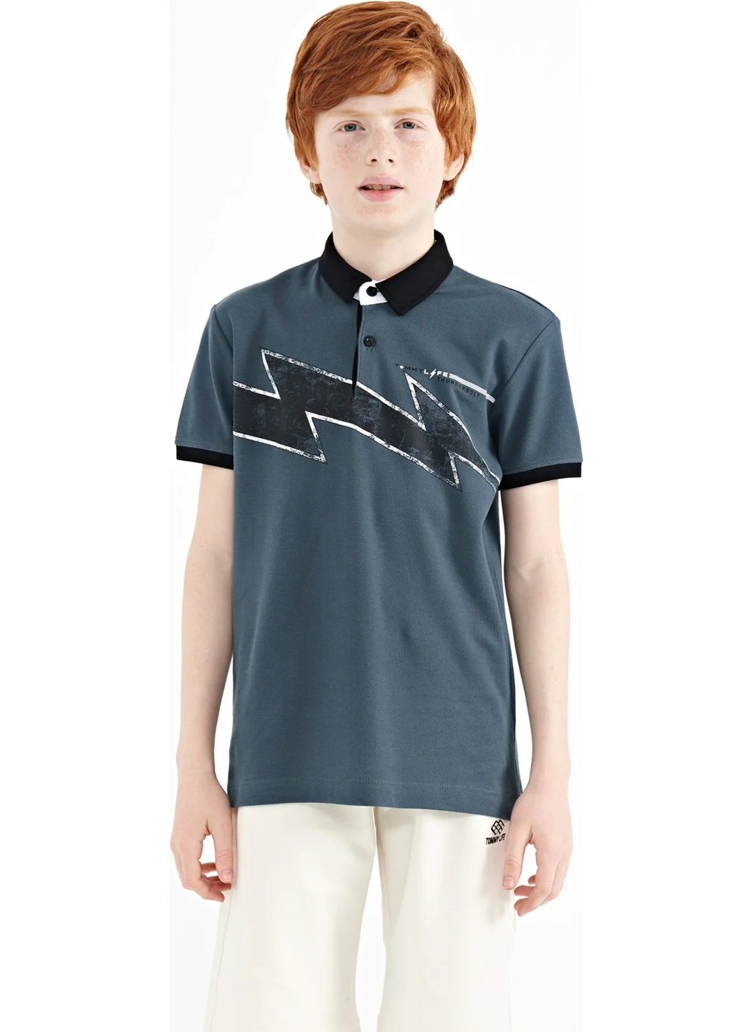 تومي لايف Forest Green Print Detailed Standard Size Polo Collar Boy T-Shirt - 11154