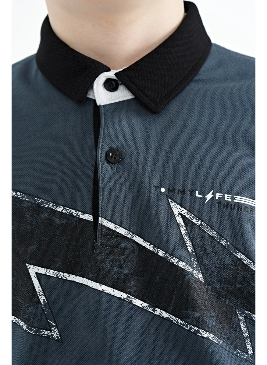 تومي لايف Forest Green Print Detailed Standard Size Polo Collar Boy T-Shirt - 11154