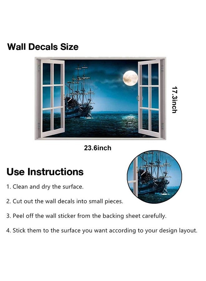 YOWOCAL 3D Fake Windows Wall Sticker, Removable Pirates Ship Boat Ocean Moon Faux Windows Wall Decals for Kids Bedroom Living Room Halloween Decoration,23.6x17.3 inches - Image 4