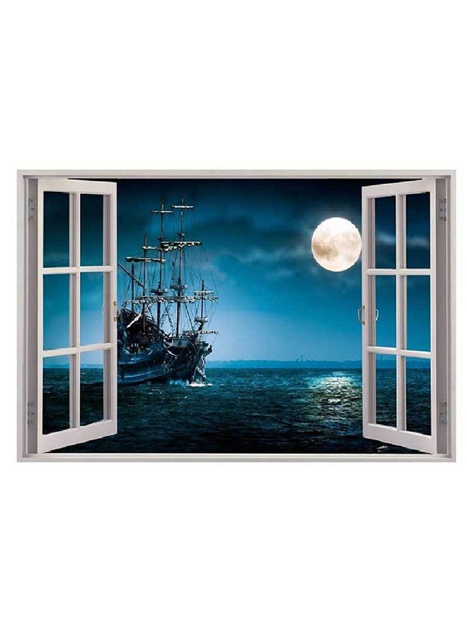 YOWOCAL 3D Fake Windows Wall Sticker, Removable Pirates Ship Boat Ocean Moon Faux Windows Wall Decals for Kids Bedroom Living Room Halloween Decoration,23.6x17.3 inches - Image 1