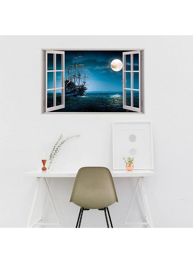 YOWOCAL 3D Fake Windows Wall Sticker, Removable Pirates Ship Boat Ocean Moon Faux Windows Wall Decals for Kids Bedroom Living Room Halloween Decoration,23.6x17.3 inches - Image 5