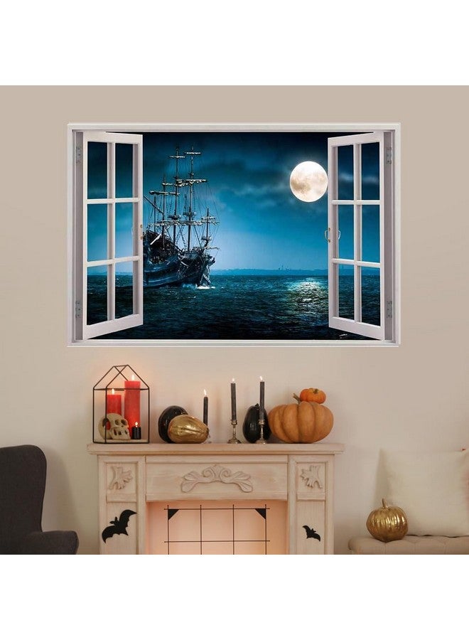 YOWOCAL 3D Fake Windows Wall Sticker, Removable Pirates Ship Boat Ocean Moon Faux Windows Wall Decals for Kids Bedroom Living Room Halloween Decoration,23.6x17.3 inches - Image 2
