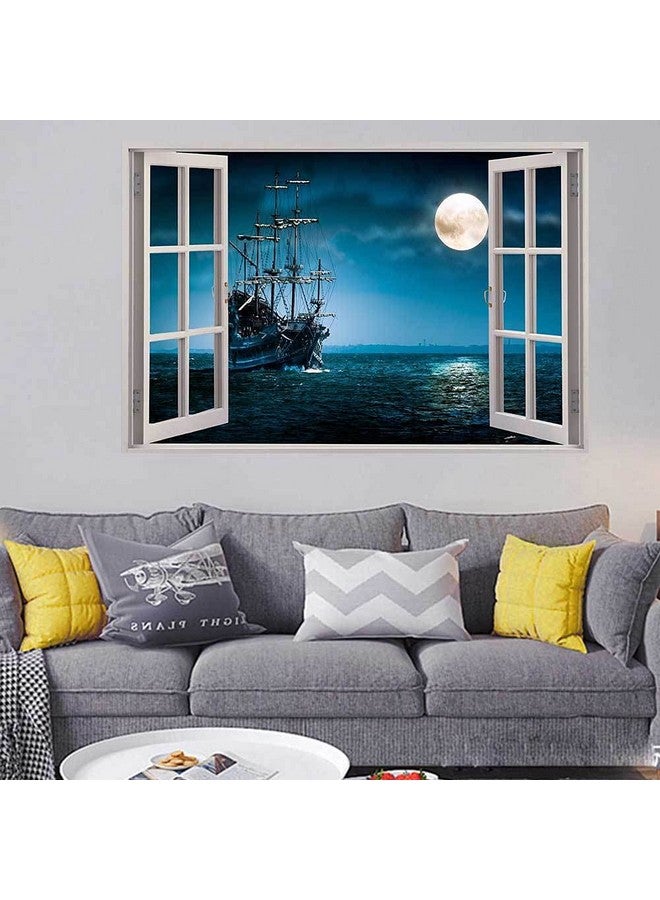 YOWOCAL 3D Fake Windows Wall Sticker, Removable Pirates Ship Boat Ocean Moon Faux Windows Wall Decals for Kids Bedroom Living Room Halloween Decoration,23.6x17.3 inches - Image 3